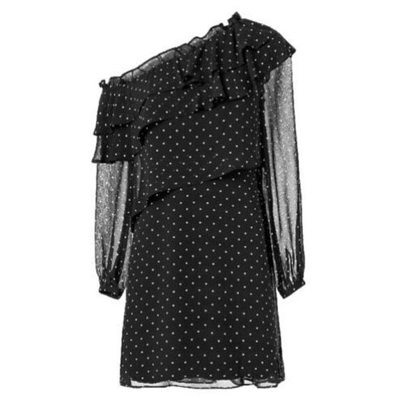 INTERMIX Juliette One Shoulder Ruffle Silk Polka Dot Mini Dress - Picture 1 of 9